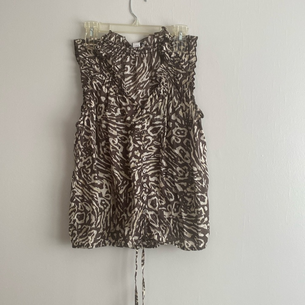 Leopard print top with ruffles and drawstring at the bottom, size L